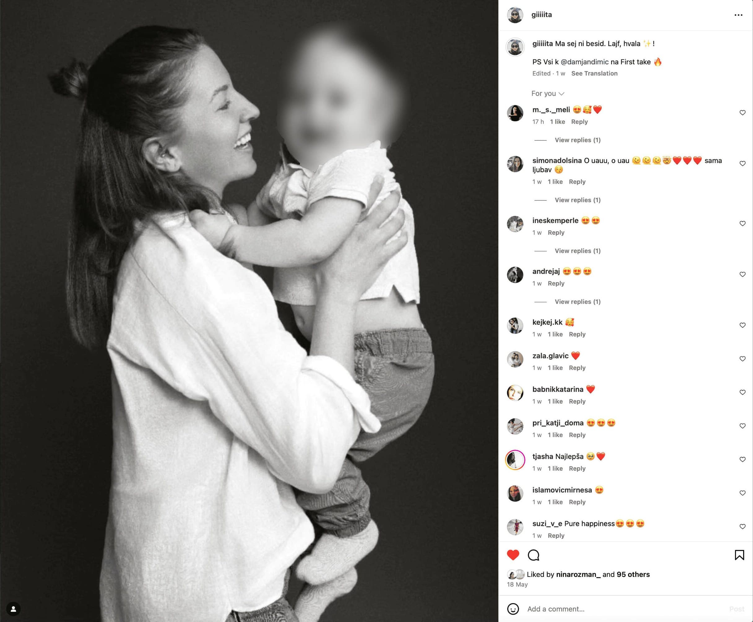 An Instagram post: a black and white First Take portrait of a woman laughing as she lifts her small child, captioned “Ma sej ni besed. Lajf, hvala!”